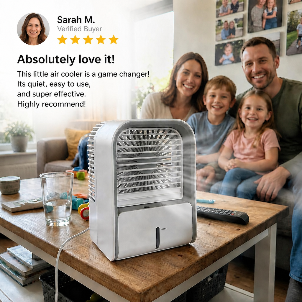 Family enjoying cooler air with the FrostCooler on the living room table